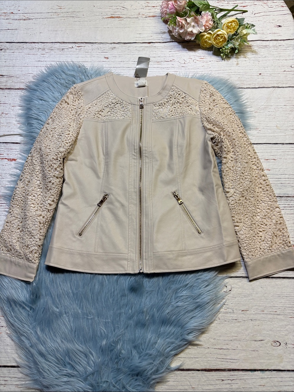 NWT Chico’s Novelty Lace Pierced Ivory Faux Leather Jacket sz S